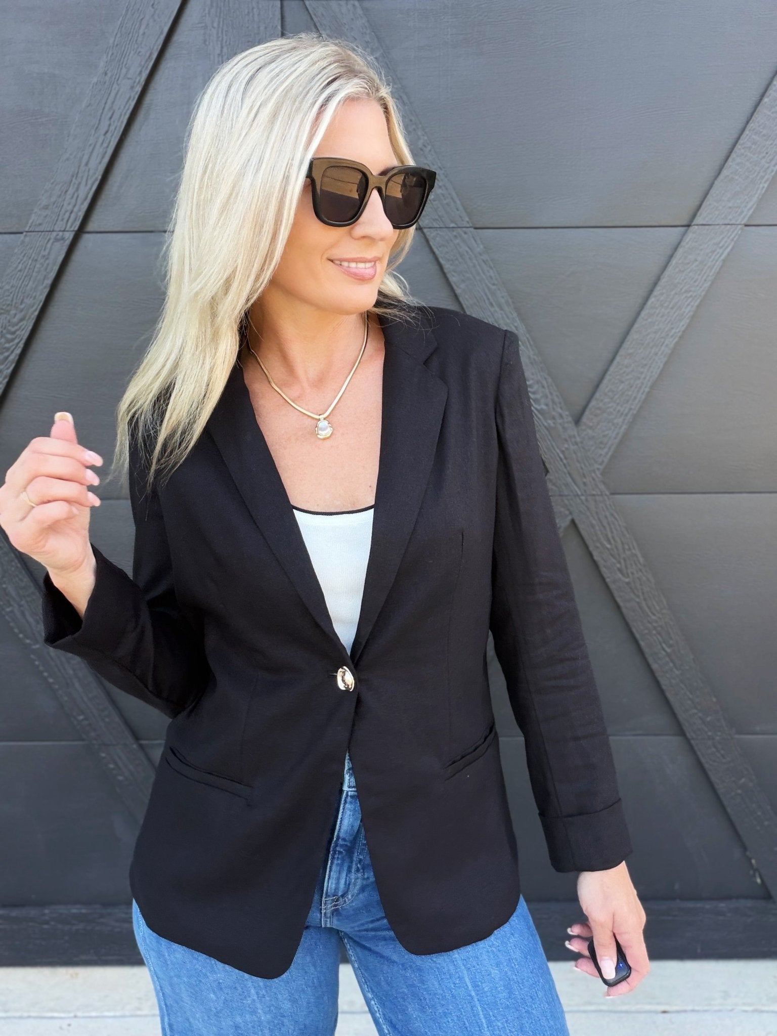 Linen Blazer With Gold Button In Black - Infinity Raine