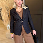 Linen Blazer With Gold Button In Black - Infinity Raine