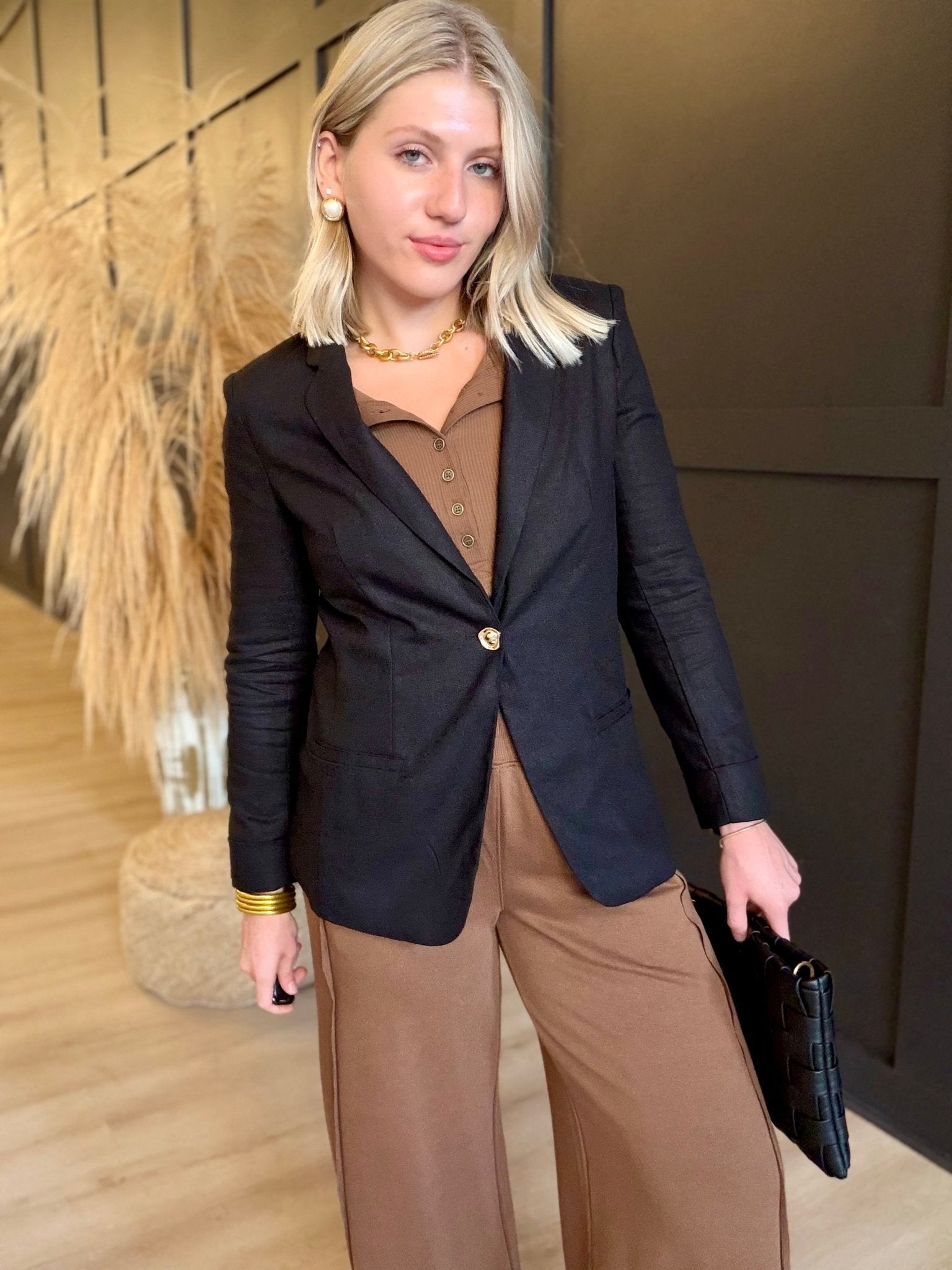 Linen Blazer With Gold Button In Black - Infinity Raine