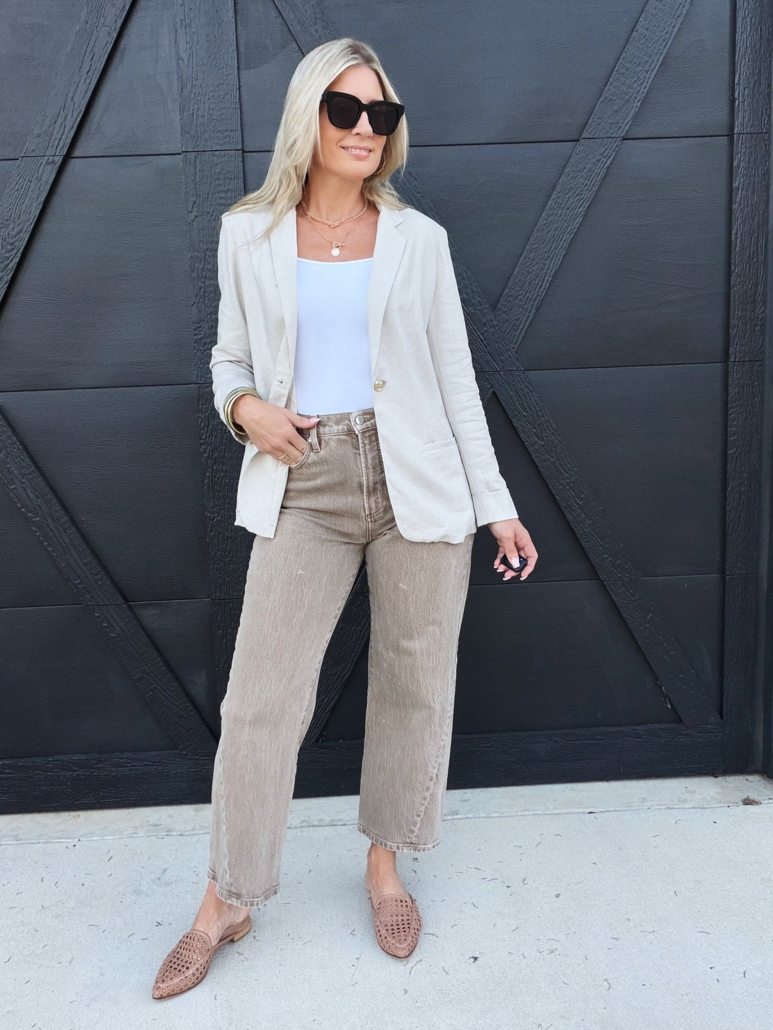 Linen Blazer With Gold Button In Natural - Infinity Raine