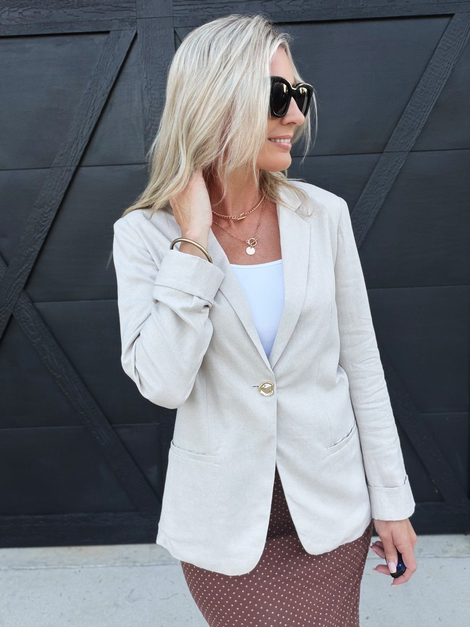 Linen Blazer With Gold Button In Natural - Infinity Raine