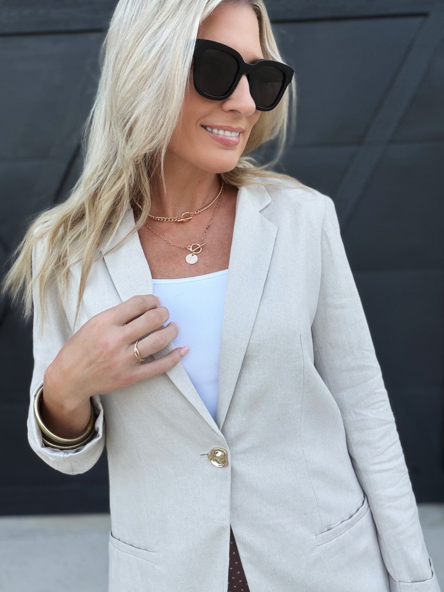 Linen Blazer With Gold Button In Natural - Infinity Raine