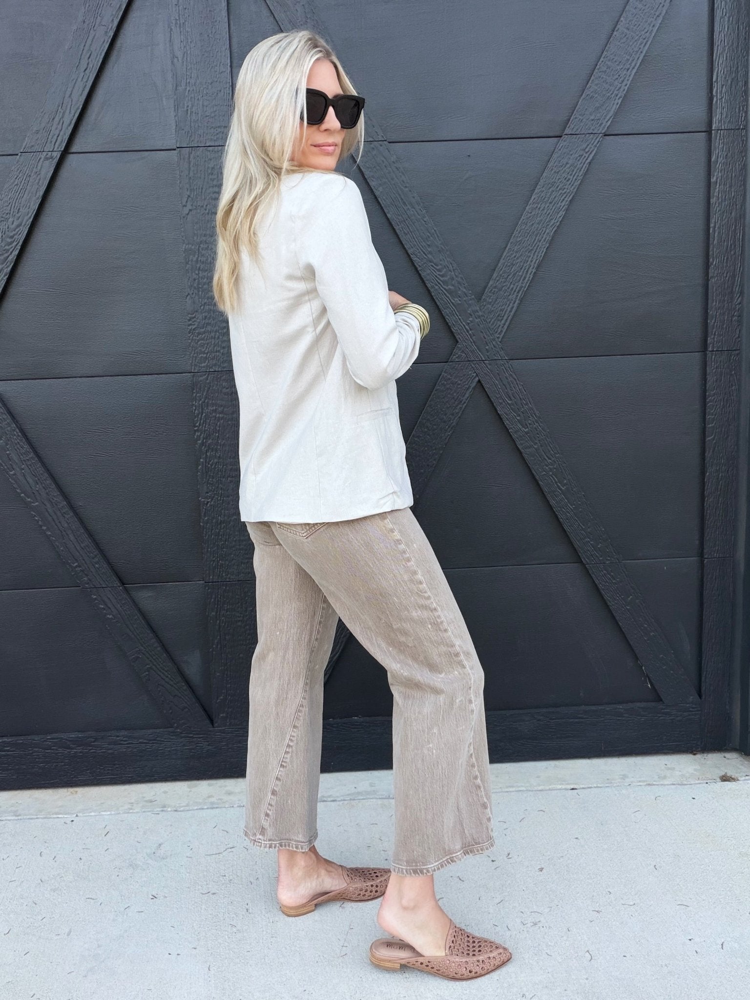 Linen Blazer With Gold Button In Natural - Infinity Raine