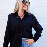 Long Sleeve Linen Blend Shirt In Black - Infinity Raine