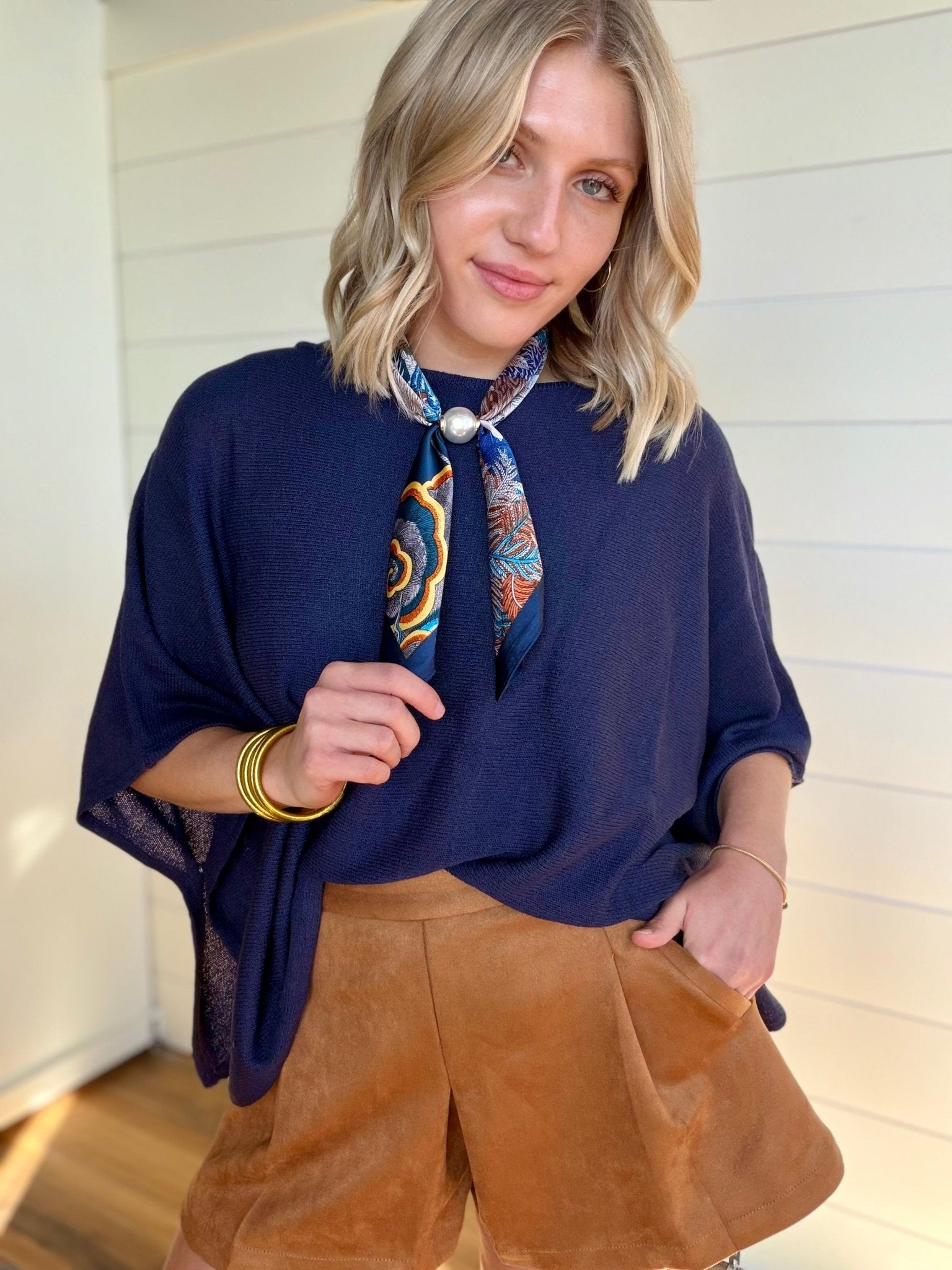 Loose Fit Open Knit Boatneck Layering Cape Sweater In Navy - Infinity Raine