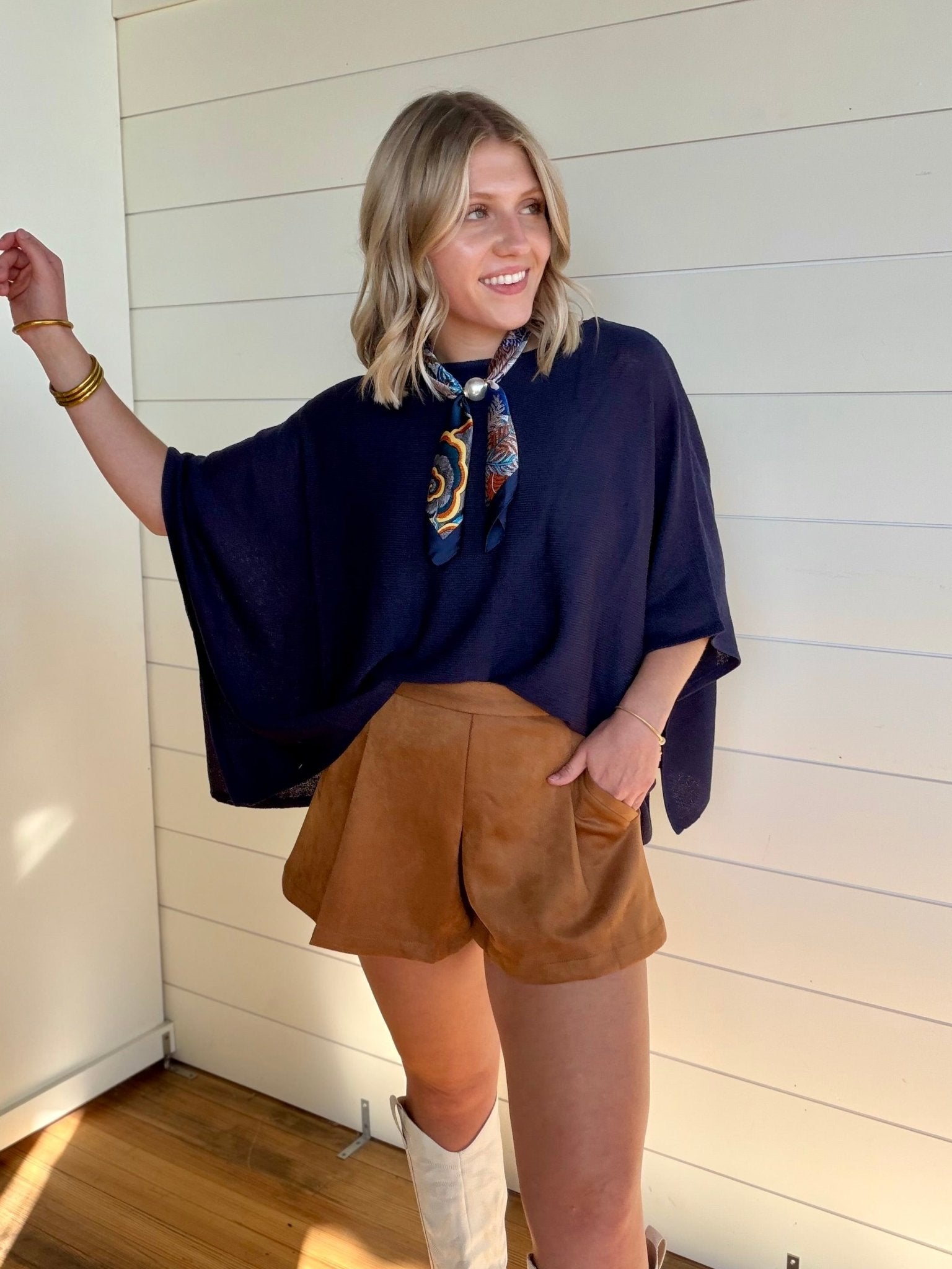 Loose Fit Open Knit Boatneck Layering Cape Sweater In Navy - Infinity Raine