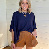 Loose Fit Open Knit Boatneck Layering Cape Sweater In Navy - Infinity Raine