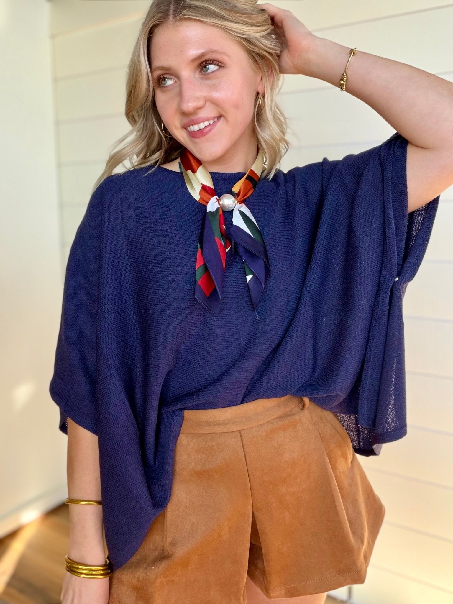 Loose Fit Open Knit Boatneck Layering Cape Sweater In Navy - Infinity Raine