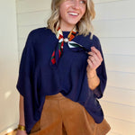 Loose Fit Open Knit Boatneck Layering Cape Sweater In Navy - Infinity Raine