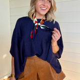Loose Fit Open Knit Boatneck Layering Cape Sweater In Navy - Infinity Raine