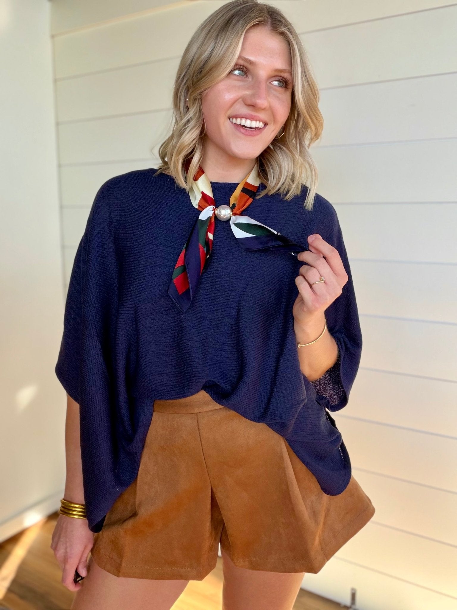 Loose Fit Open Knit Boatneck Layering Cape Sweater In Navy - Infinity Raine
