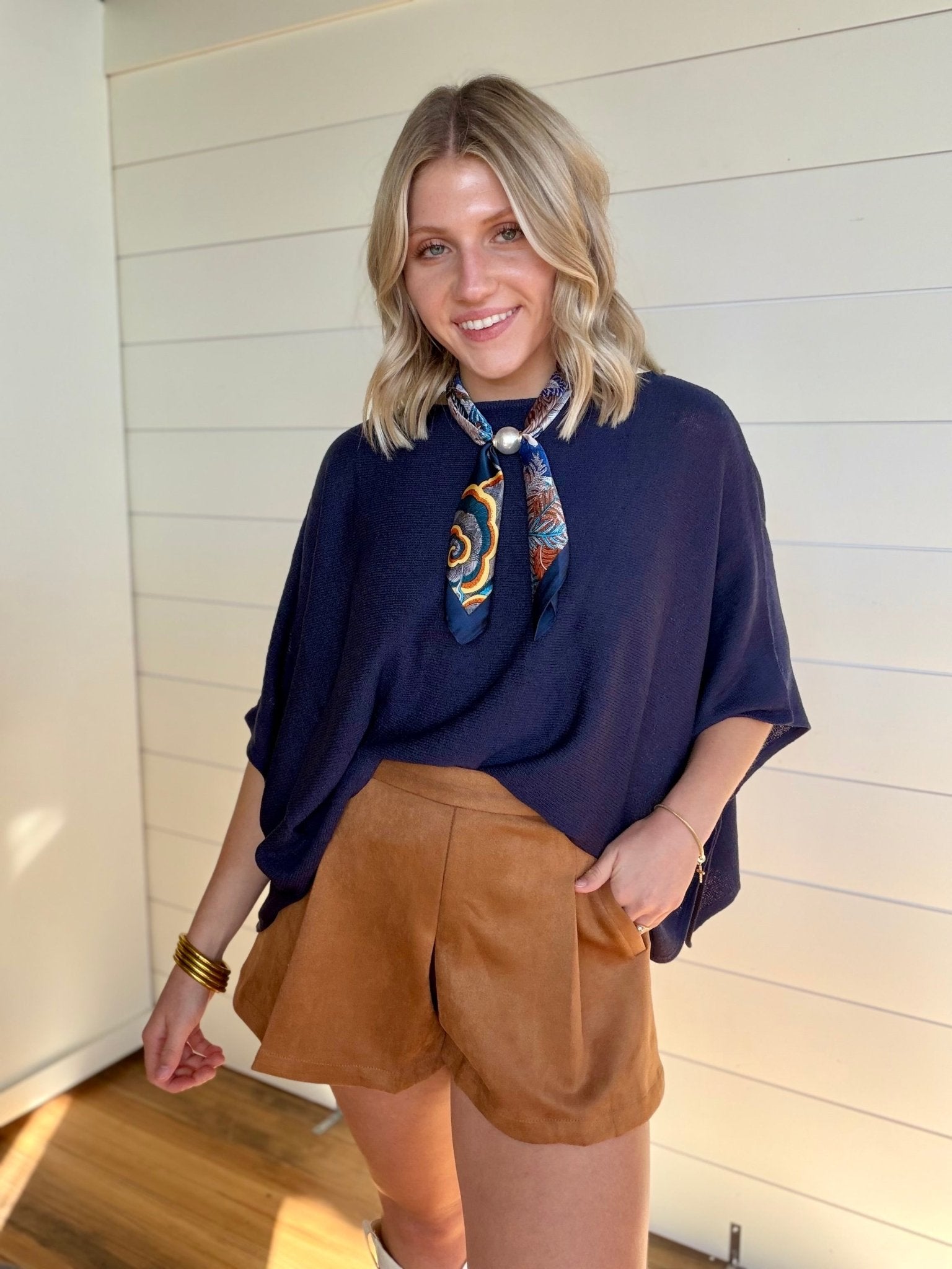Loose Fit Open Knit Boatneck Layering Cape Sweater In Navy - Infinity Raine