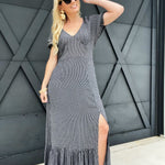Dotted Puff Sleeve Smocked Maxi Dress In Navy - Infinity Raine