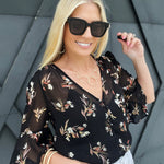 Sheer Floral Button Down Blouse In Black - Infinity Raine