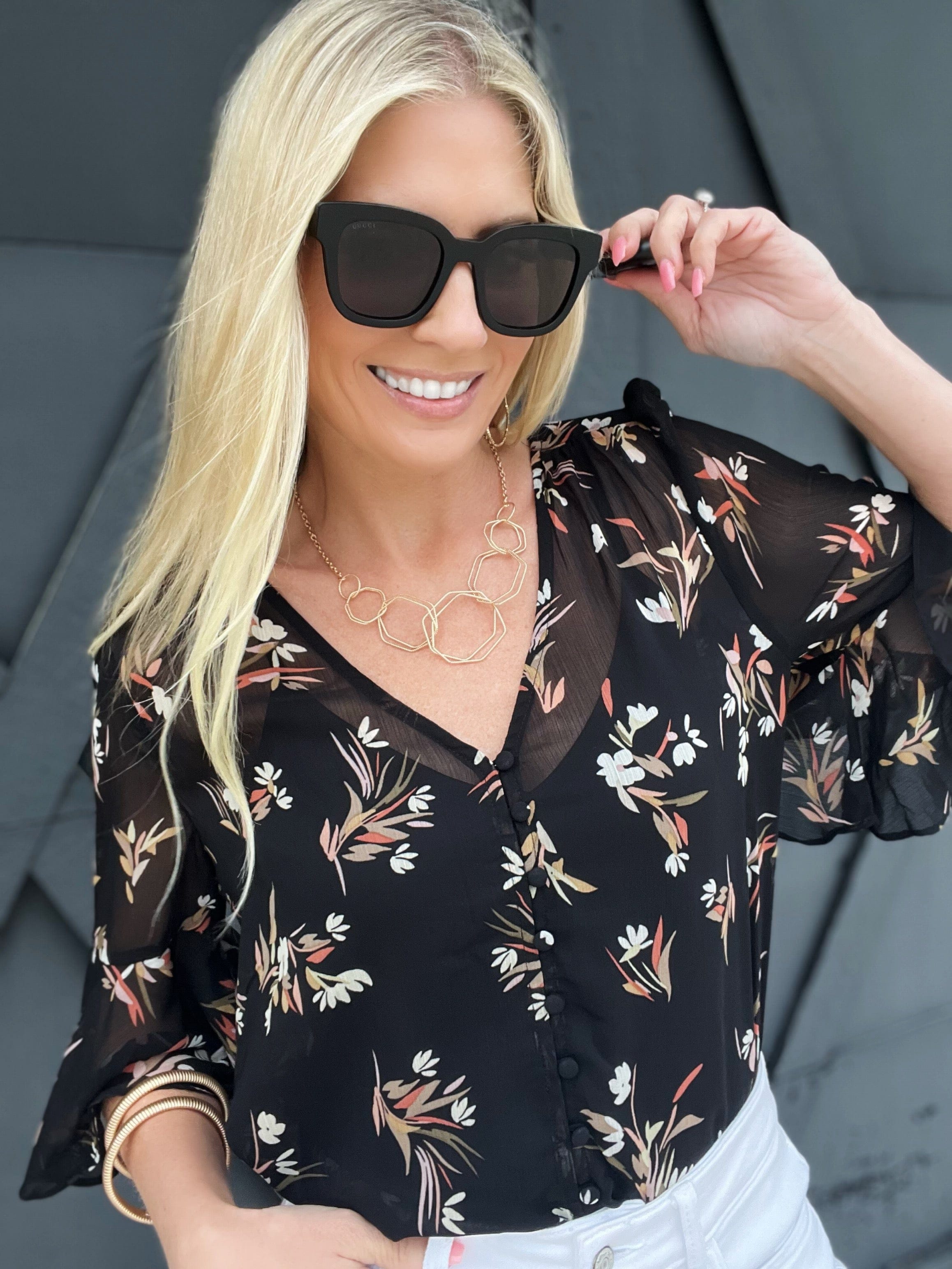 Lovestitch Tops - Blouses Sheer Floral Button Down Blouse In Black