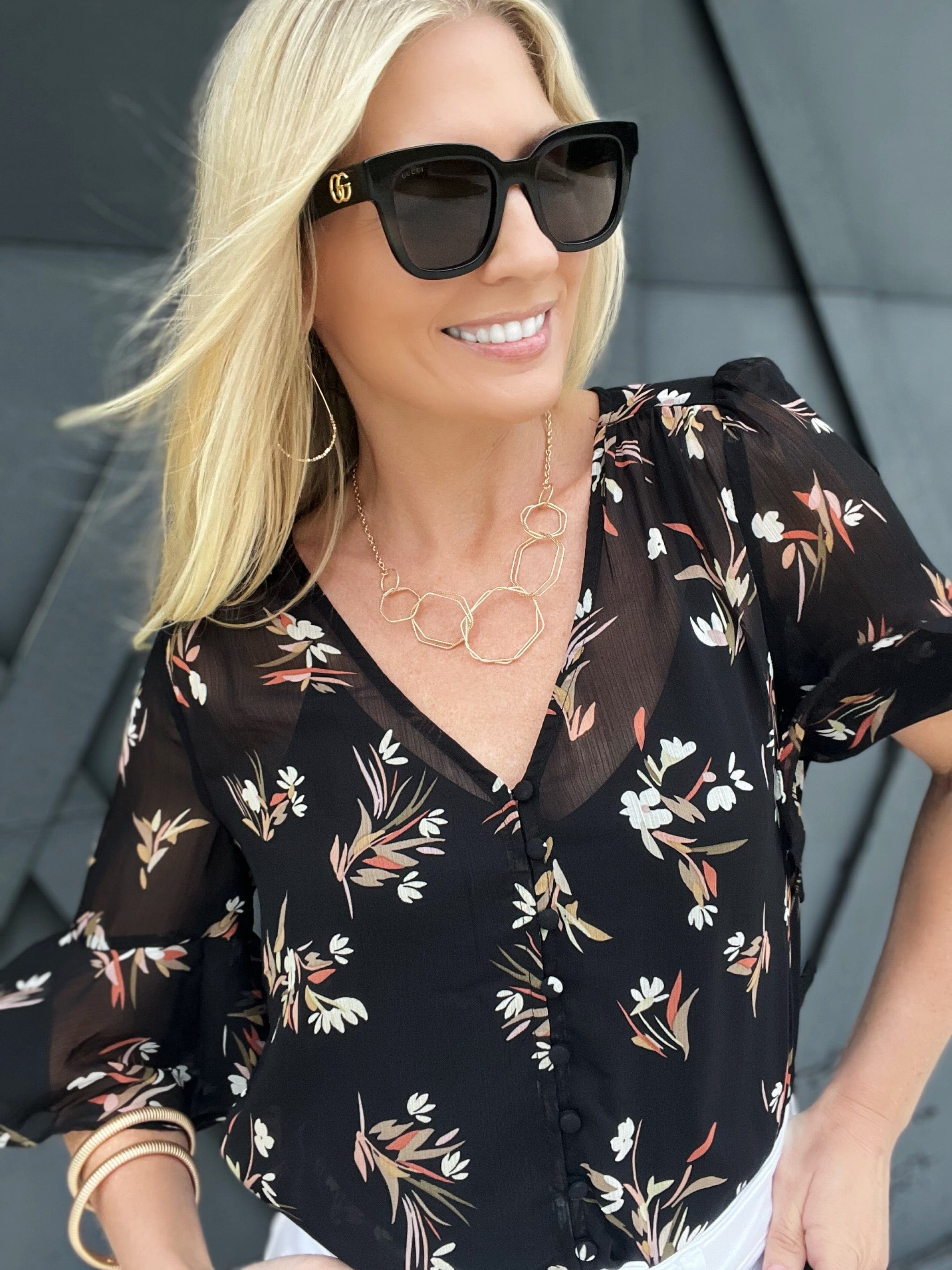 Lovestitch Tops - Blouses Sheer Floral Button Down Blouse In Black
