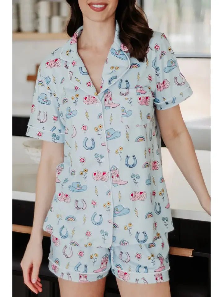 Lucky Cowgirl Loungewear Short Set In Light Blue - Infinity Raine
