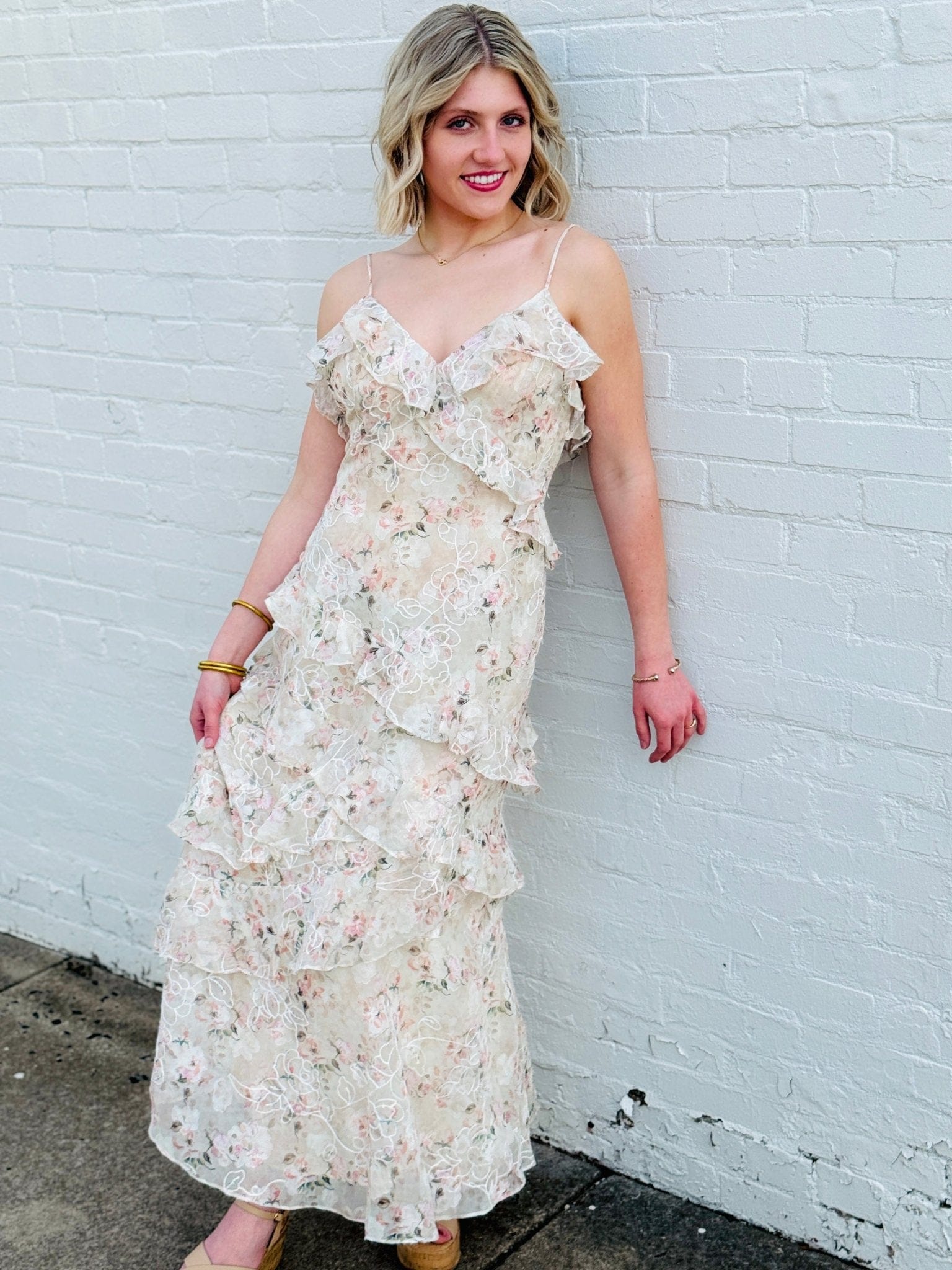 Lulus Dresses Lulus Bryson Ruffled Embroidered Sequin Maxi Dress In Ivory/Pink