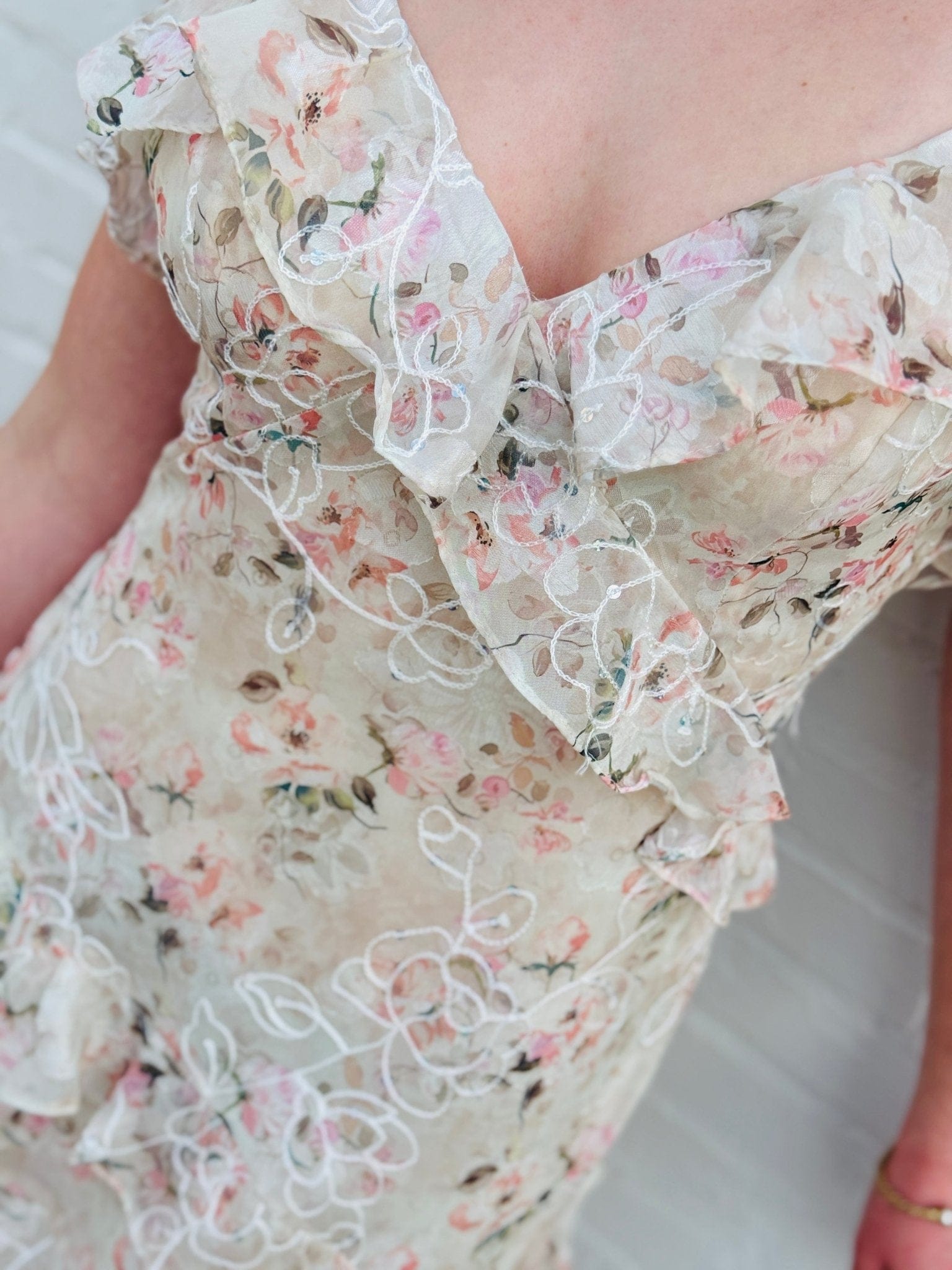 Lulus Dresses Lulus Bryson Ruffled Embroidered Sequin Maxi Dress In Ivory/Pink