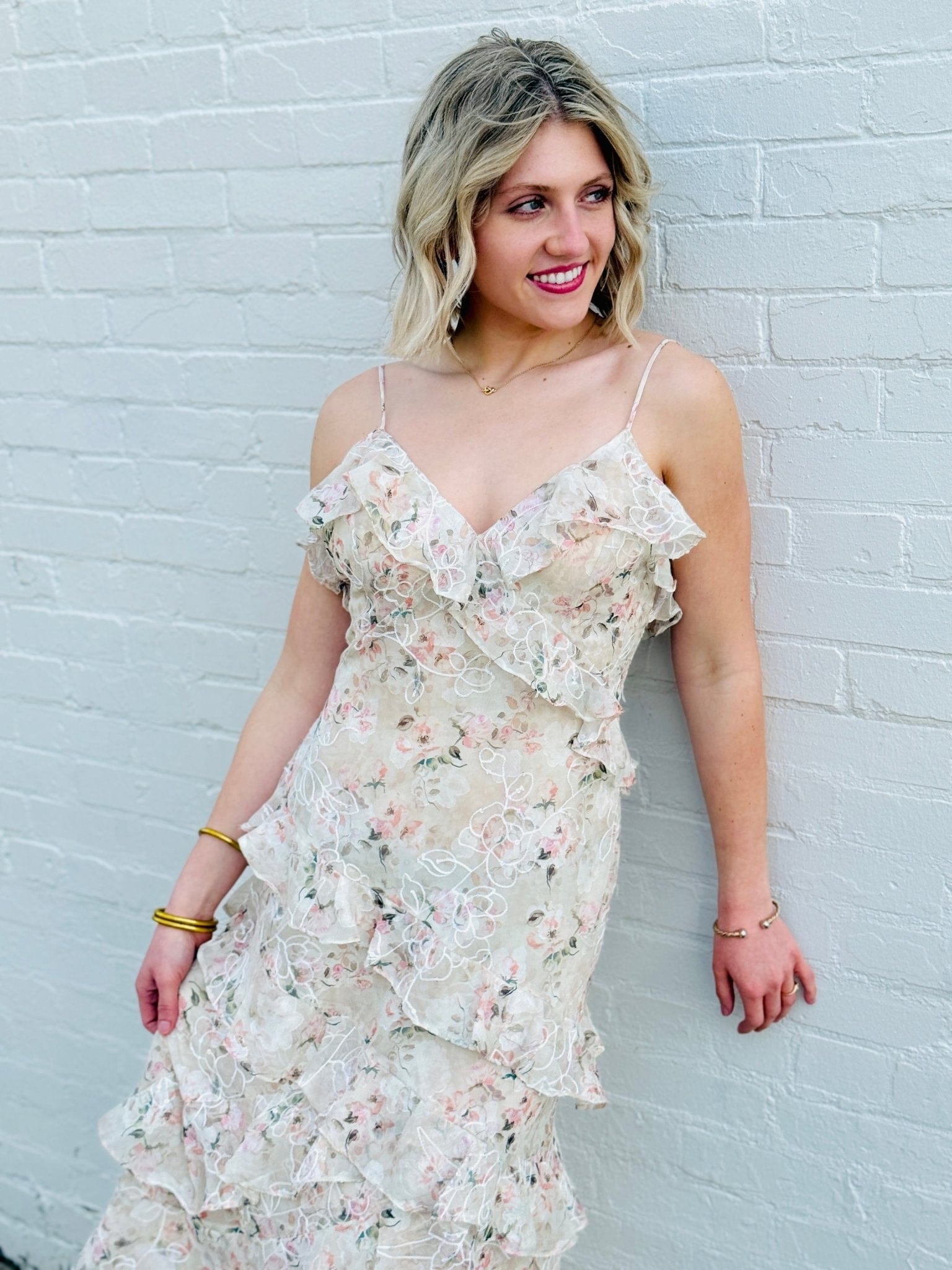 Lulus Dresses Lulus Bryson Ruffled Embroidered Sequin Maxi Dress In Ivory/Pink