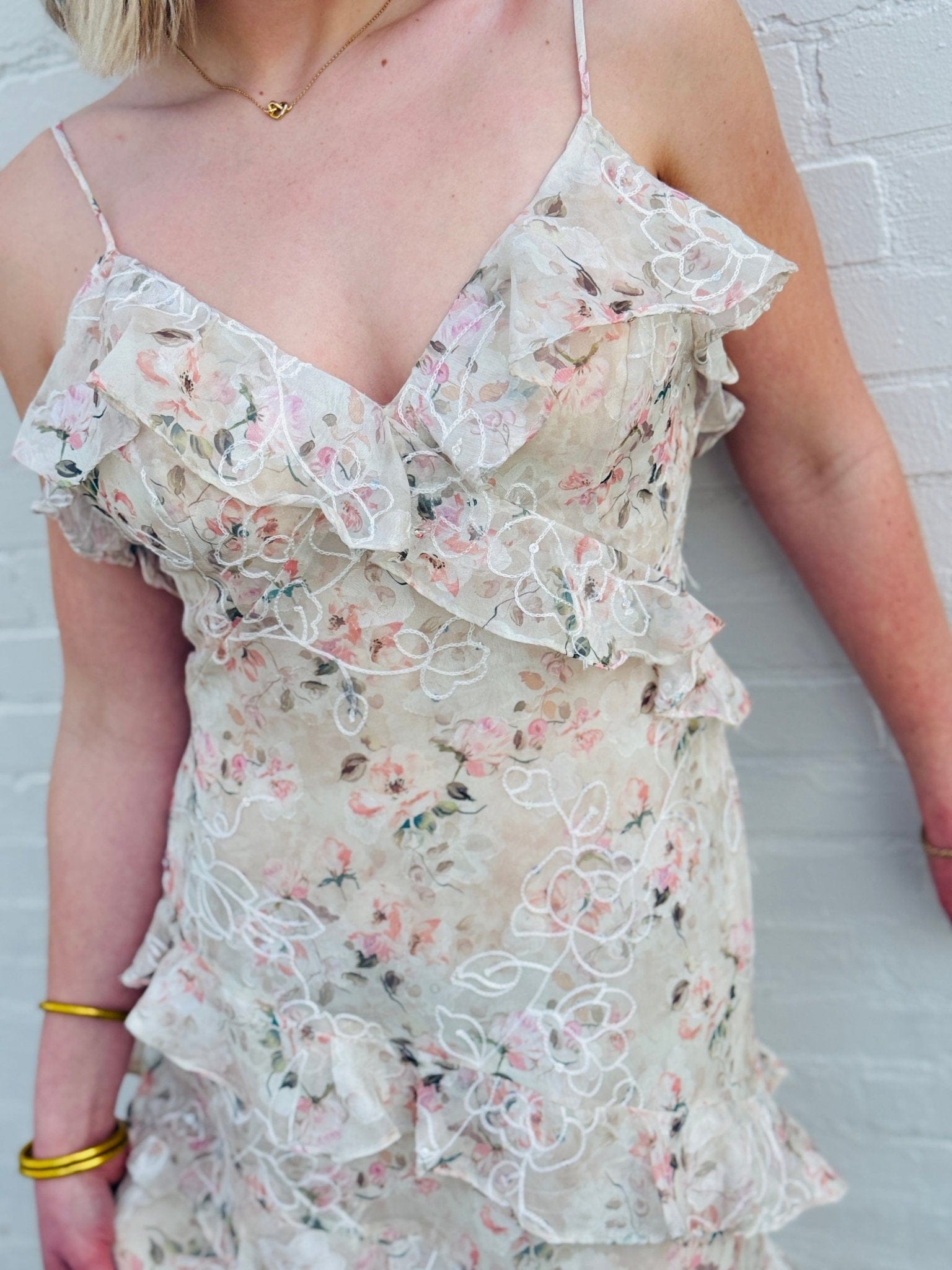 Lulus Dresses Lulus Bryson Ruffled Embroidered Sequin Maxi Dress In Ivory/Pink