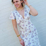 Lulus Dresses Lulus Fernanda Flutter Sleeve Maxi Dress In White/Purple