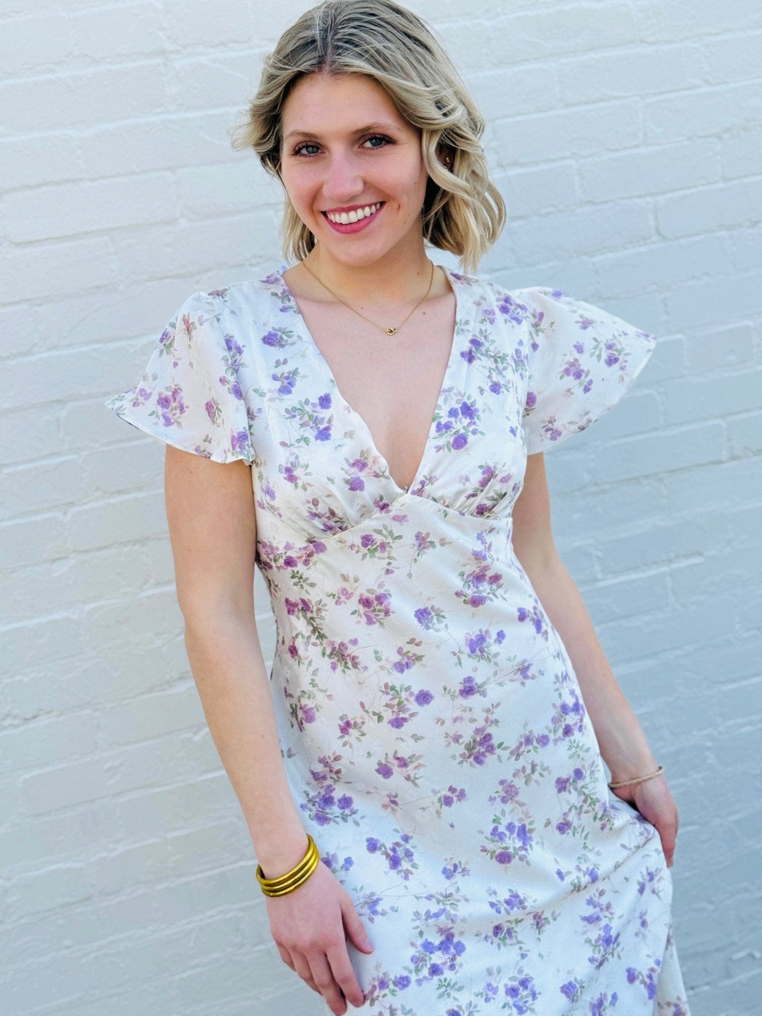 Lulus Dresses Lulus Fernanda Flutter Sleeve Maxi Dress In White/Purple