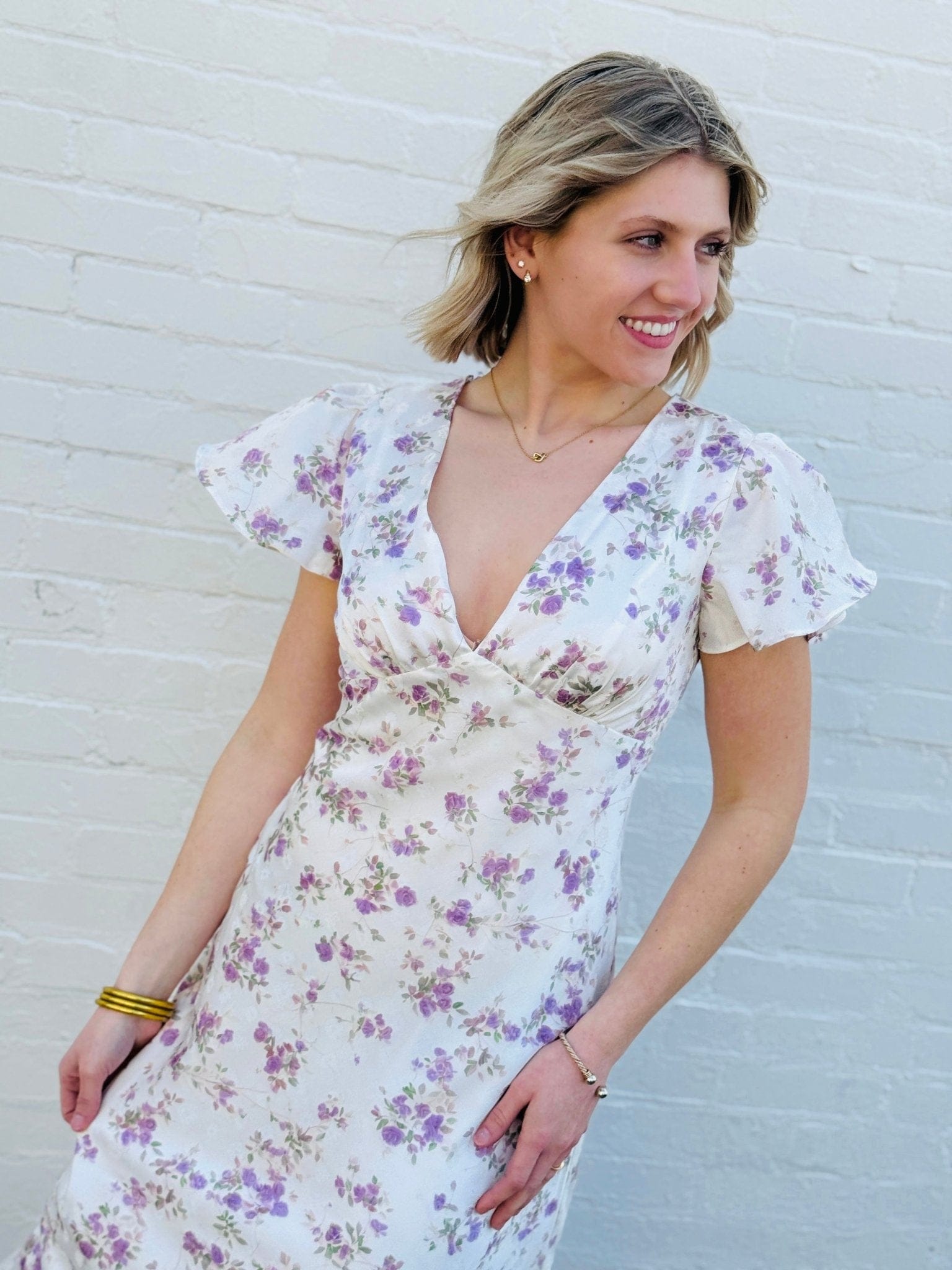 Lulus Dresses Lulus Fernanda Flutter Sleeve Maxi Dress In White/Purple