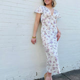 Lulus Dresses Lulus Fernanda Flutter Sleeve Maxi Dress In White/Purple