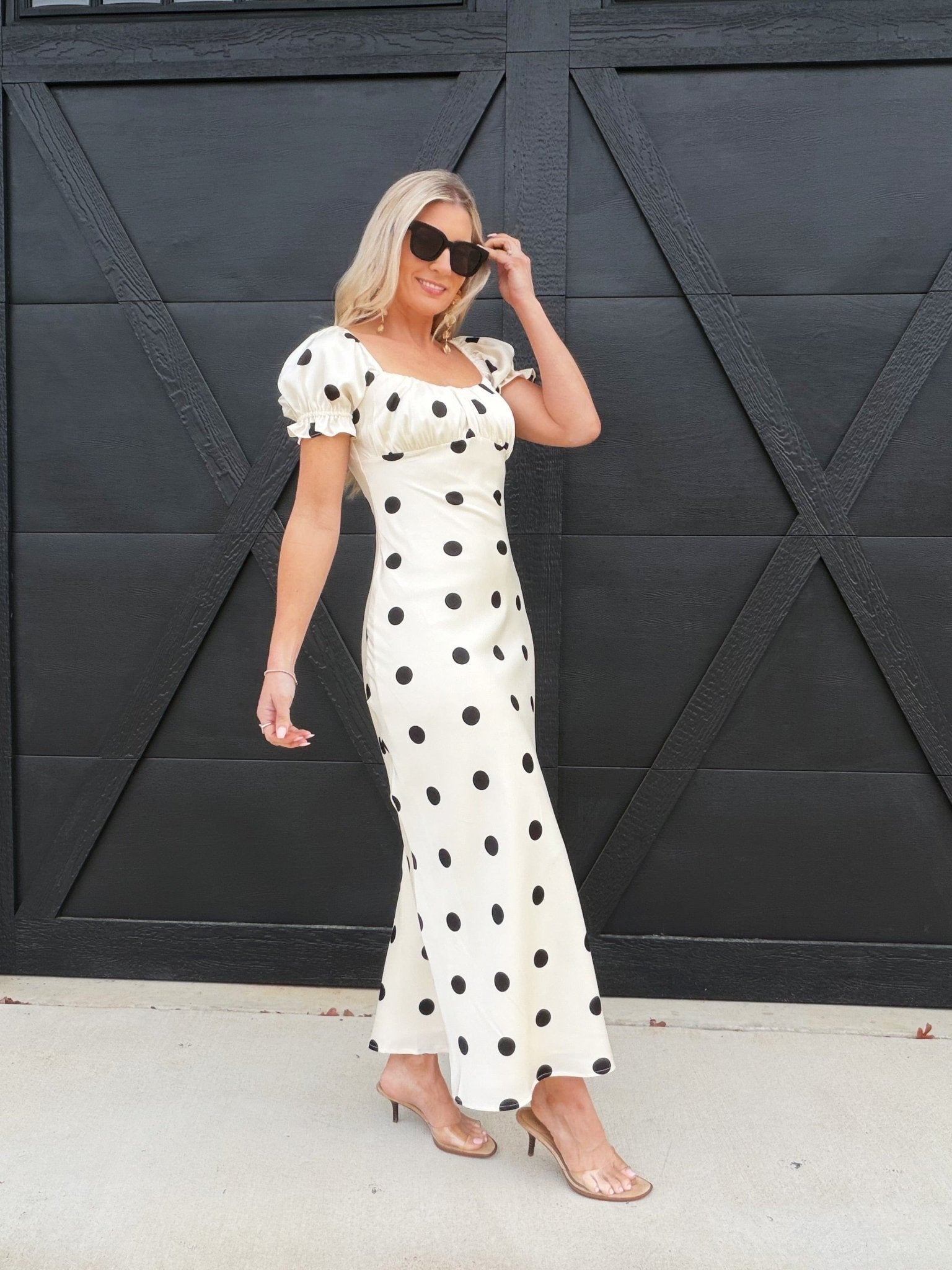 Lulus Keaton Polka Dot Puff Sleeve Maxi Dress In Ivory - Infinity Raine