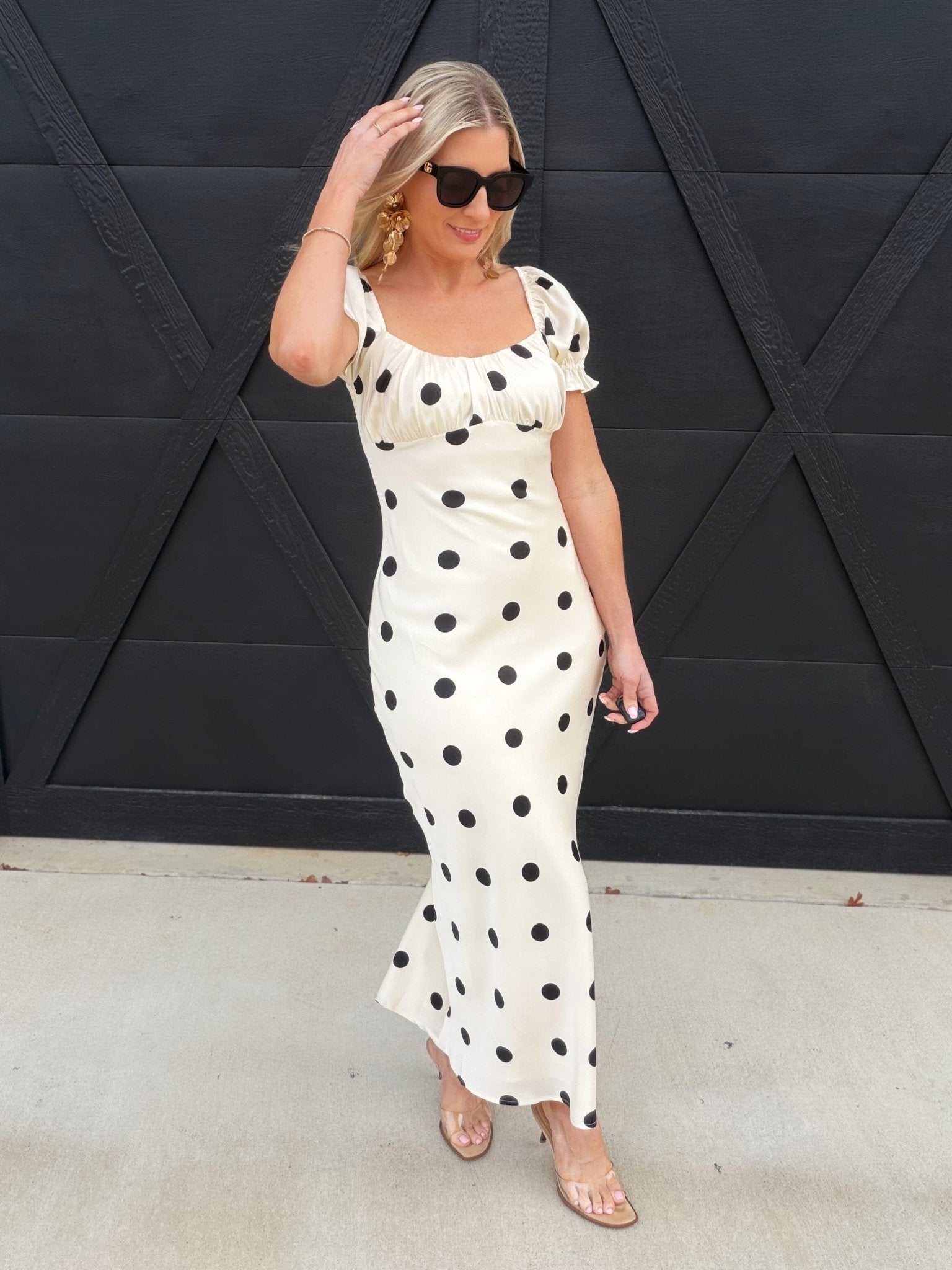 lulus white long dress Lulus Keaton Polka Dot Puff Sleeve Maxi Dress In Ivory M