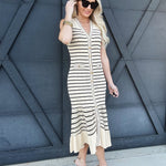 Button Down Stripe Dress In Beige - Infinity Raine