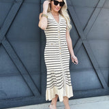 Button Down Stripe Dress In Beige - Infinity Raine