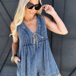 Pleated Tie Romper In Denim - Infinity Raine