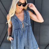 Pleated Tie Romper In Denim - Infinity Raine