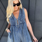 Pleated Tie Romper In Denim - Infinity Raine