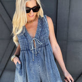 Pleated Tie Romper In Denim - Infinity Raine