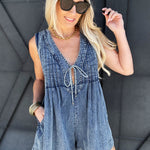 Pleated Tie Romper In Denim - Infinity Raine