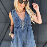 Pleated Tie Romper In Denim - Infinity Raine