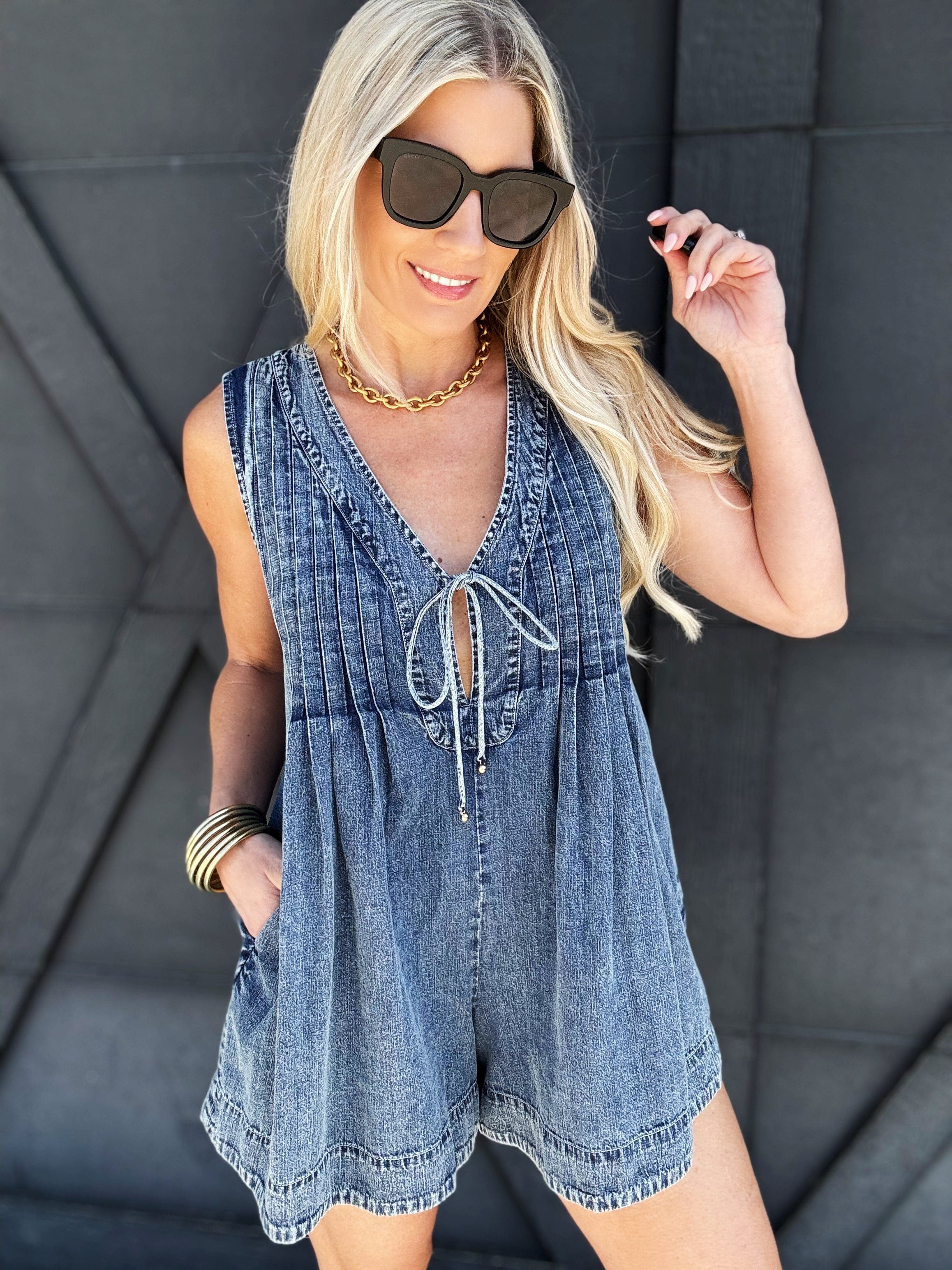 Pleated Tie Romper In Denim - Infinity Raine