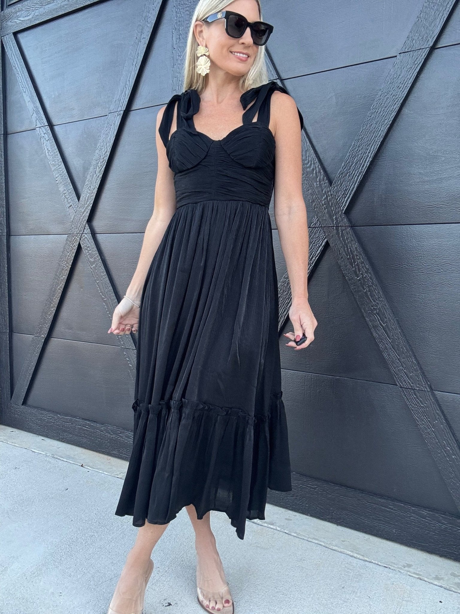 Lurex Tie Strap Midi Dress In Black - Infinity Raine