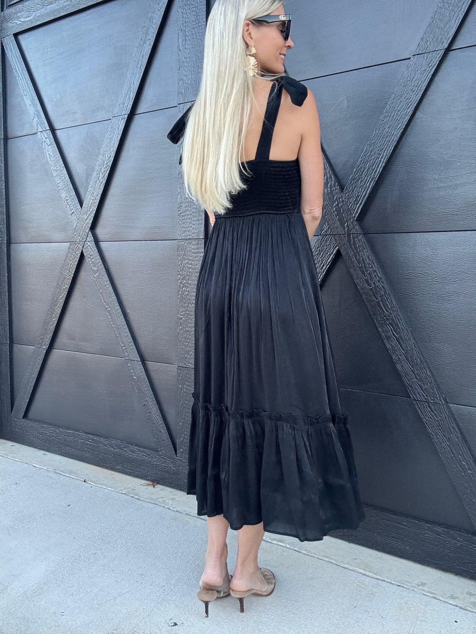 Lurex Tie Strap Midi Dress In Black - Infinity Raine