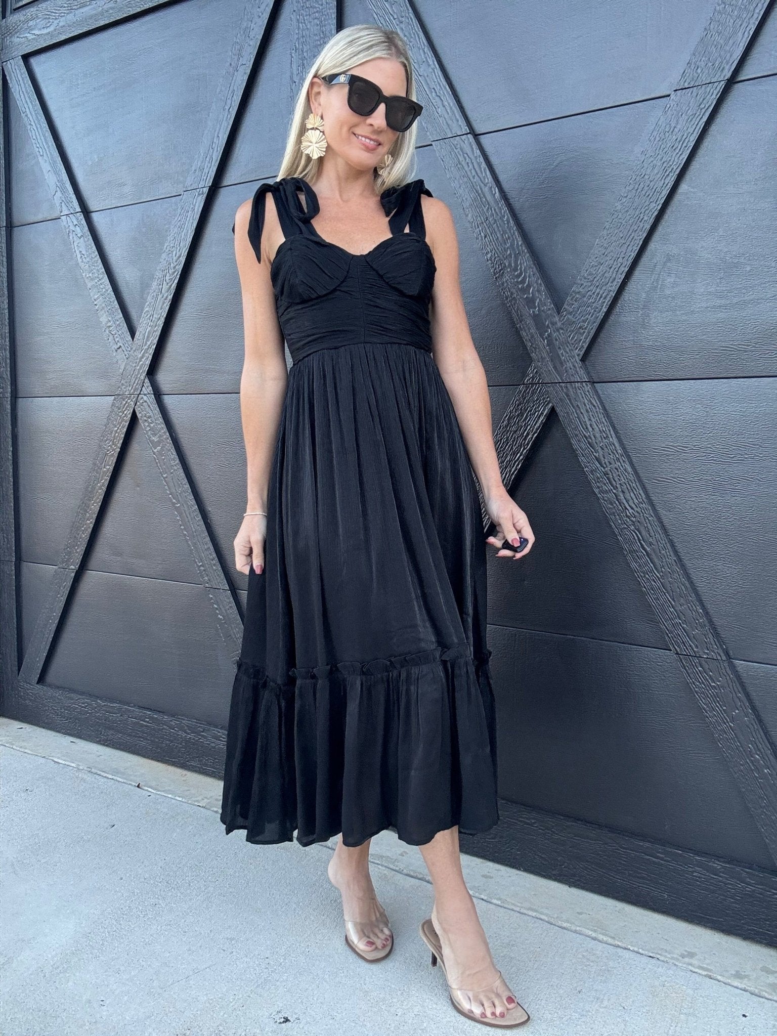 Lurex Tie Strap Midi Dress In Black - Infinity Raine