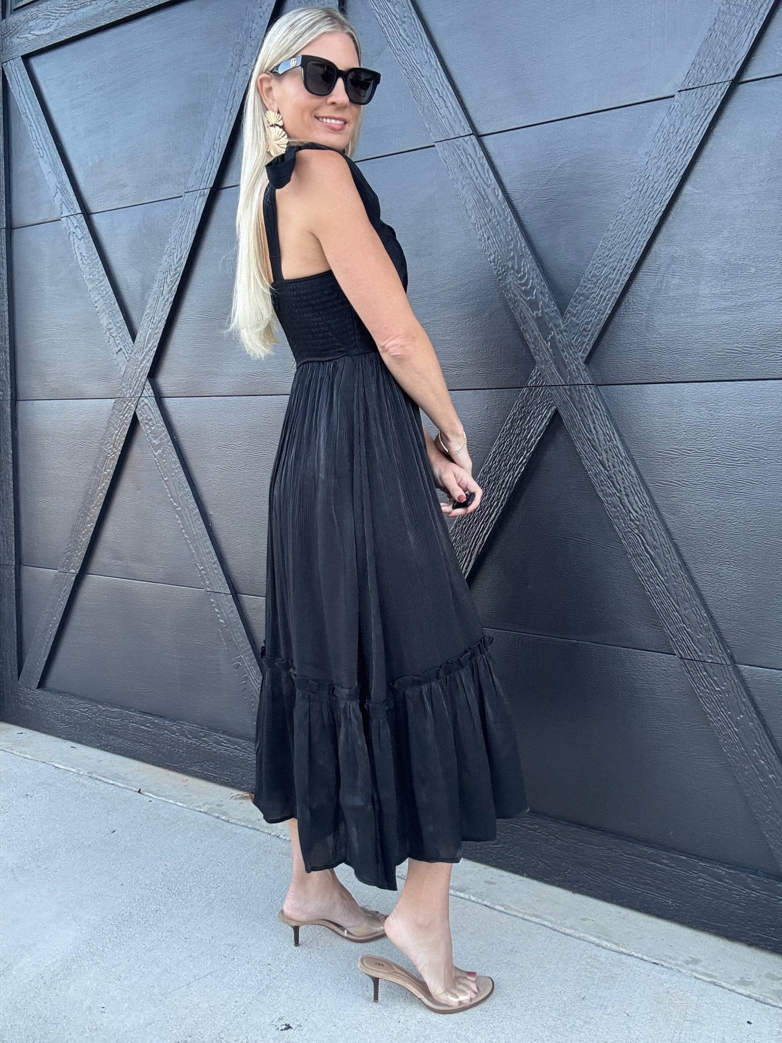 Lurex Tie Strap Midi Dress In Black - Infinity Raine