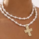 Lustrous Faux Pearl Beaded Layered Cross Necklace On Gold - Infinity Raine