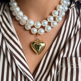 Lustrous Pearl Beaded Layered Heart Necklace - Infinity Raine