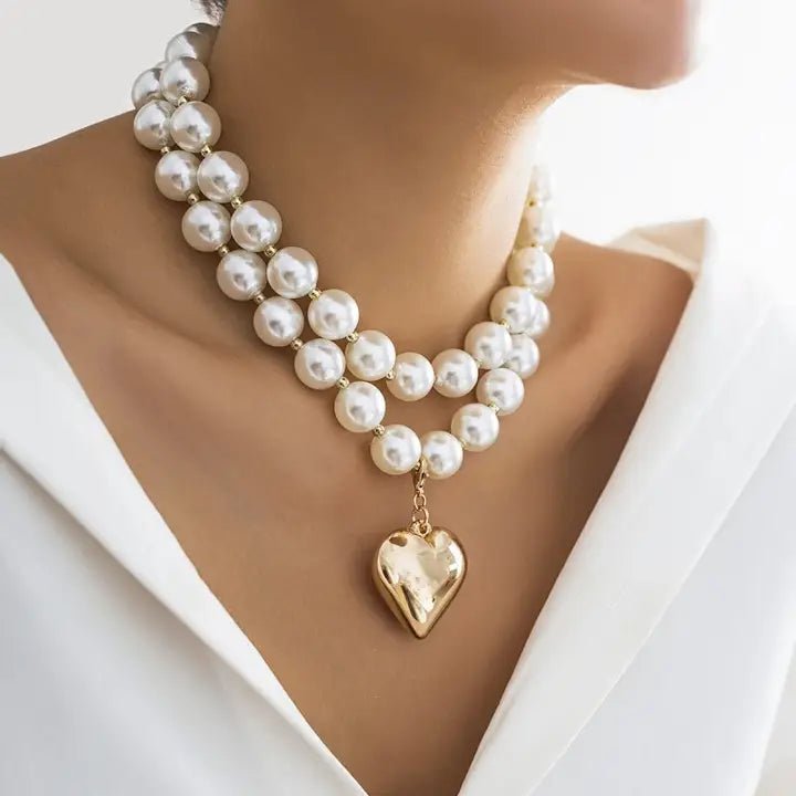Lustrous Pearl Beaded Layered Heart Necklace - Infinity Raine