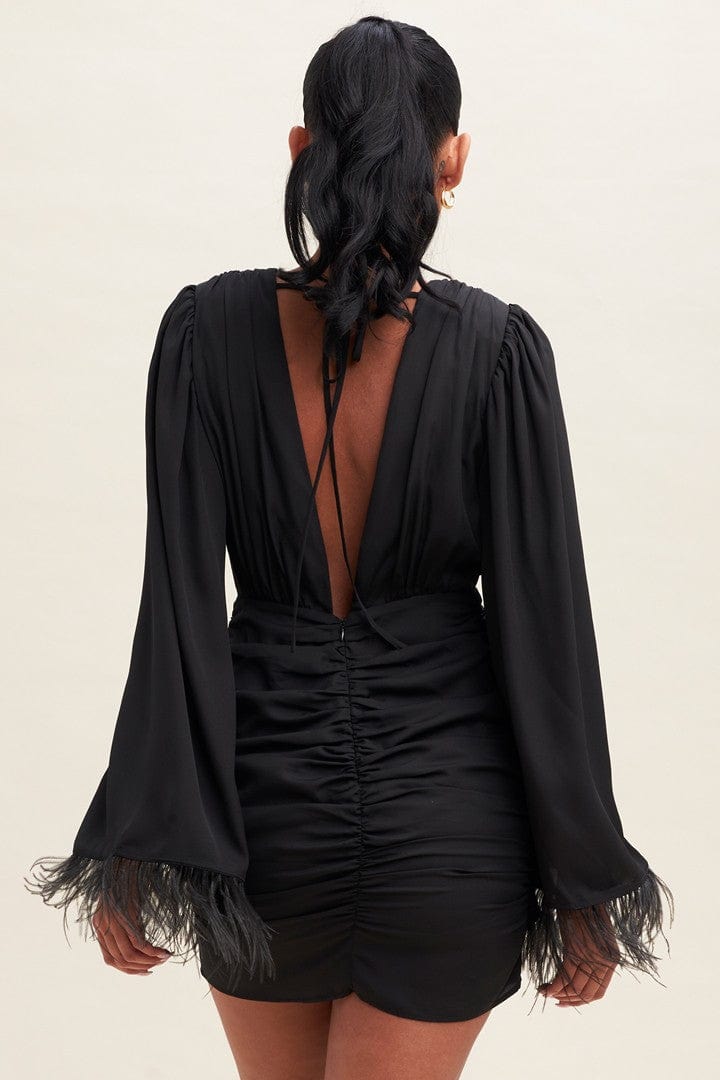 Feather Sleeve Chiffon Dress-Black - Infinity Raine