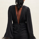 Feather Sleeve Chiffon Dress-Black - Infinity Raine