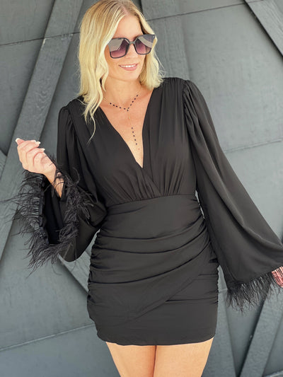 luxxel DRESSES Feather Sleeve Chiffon Dress-Black